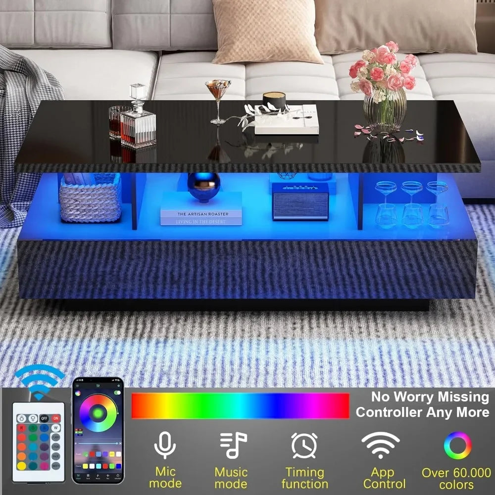 High Glossy Modern Black Coffee Table w/60,000-Color Lights,