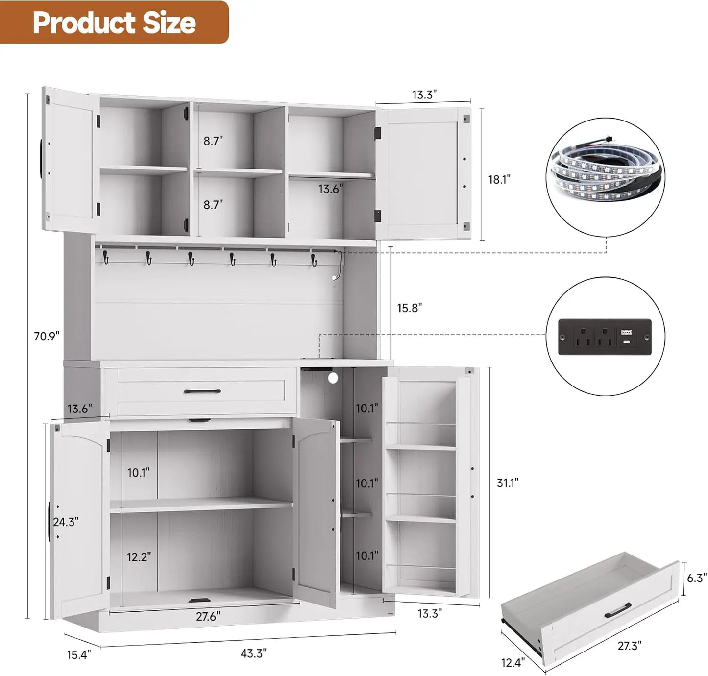 71" Kitchen Pantry Cabinet w/ LED Light & Outlet