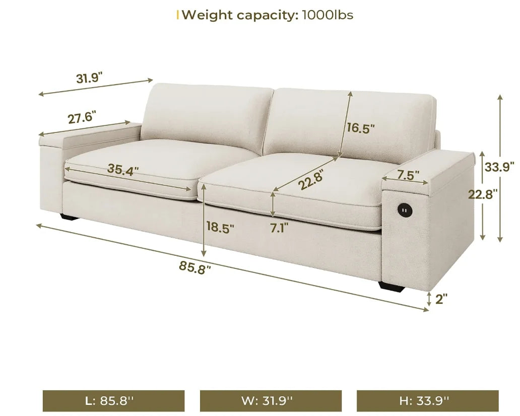 Modern Sofas Oversized Loveseat Sofa with Storage and 2 USB Charging