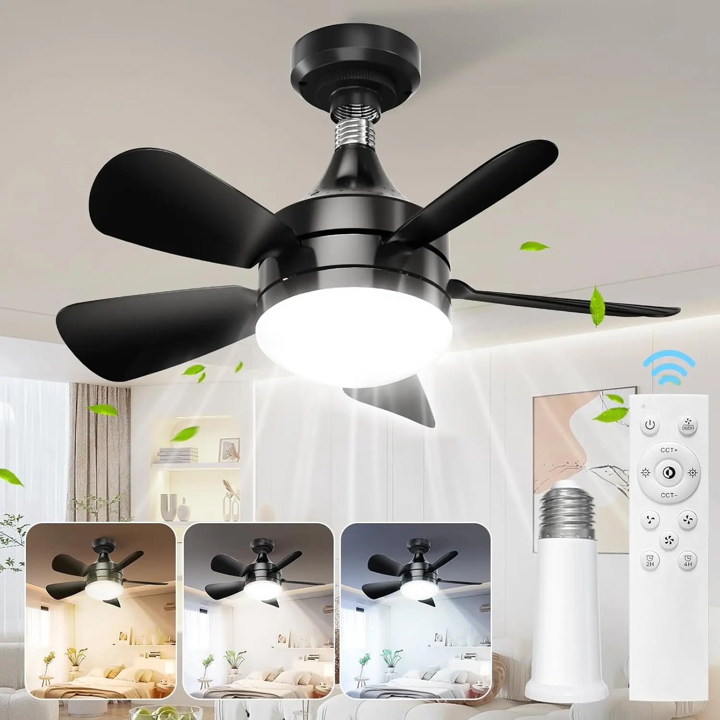 Socket Fan Light with Remote, 3 Colors 3000K-6500K Dimmable Socket Fan