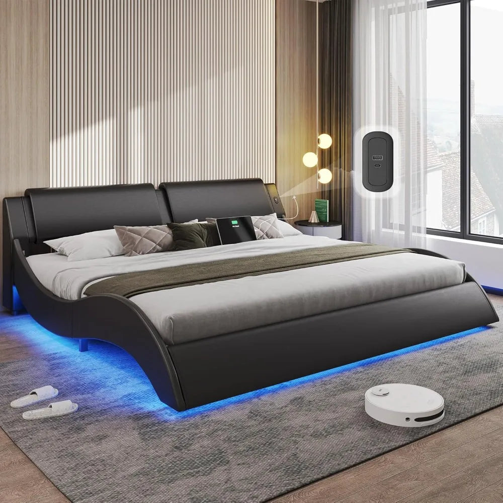Cali King Platform Bed Frame Headboard Faux Leather Wave