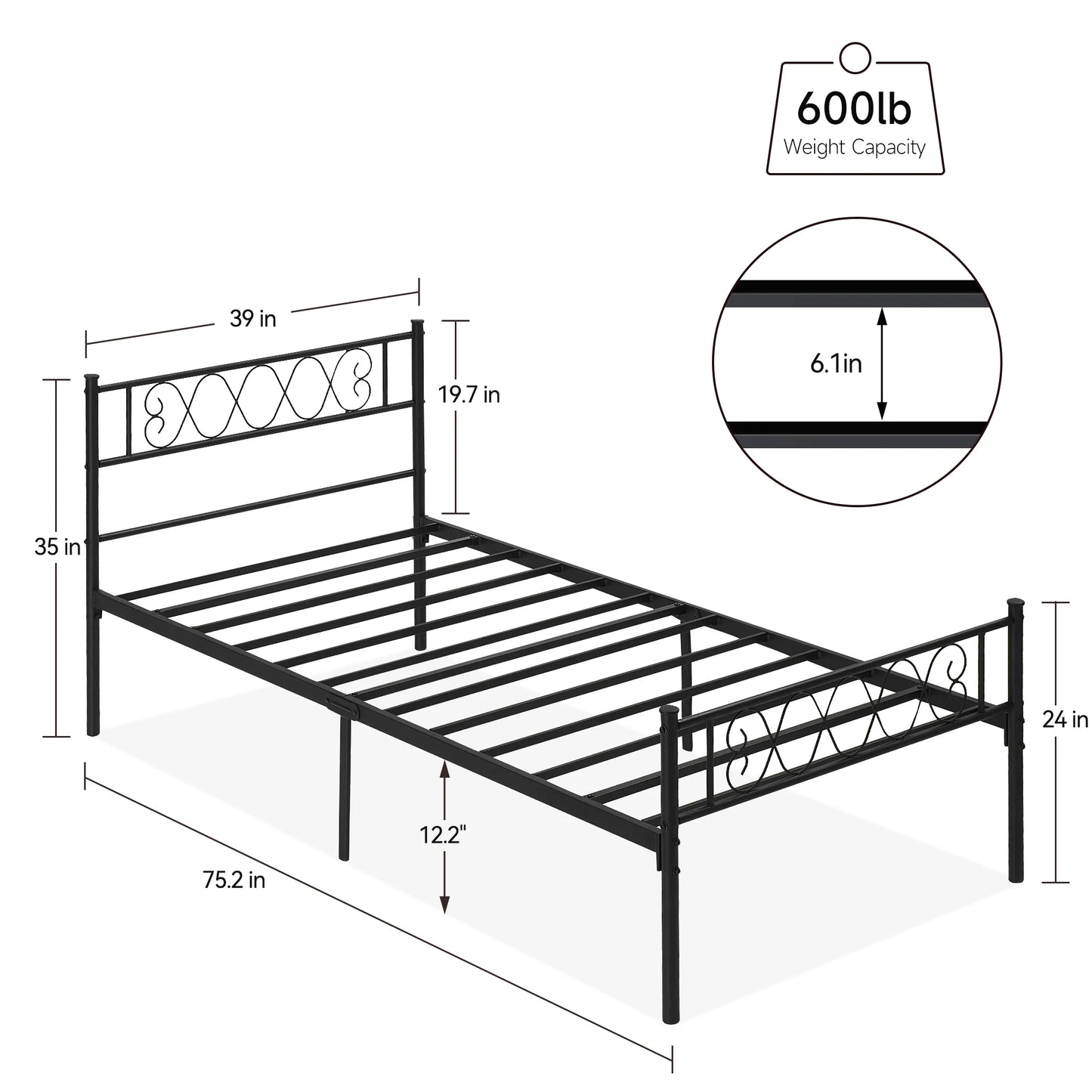 Twin Size Sturdy Metal Platform Bed Frame with Iron-Art Sweetheart