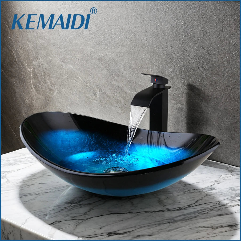Tempered Glass Washbasin Vessel Sink with Black Waterfall Faucet