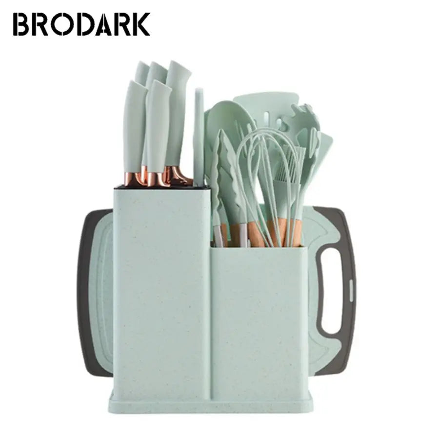 19pcs Food Grade Silicone Brodark Kitchenware Set, Cooking Spoon, Shovel, Cutting Board, Fruit Knife, Chef Knife, Combination Se