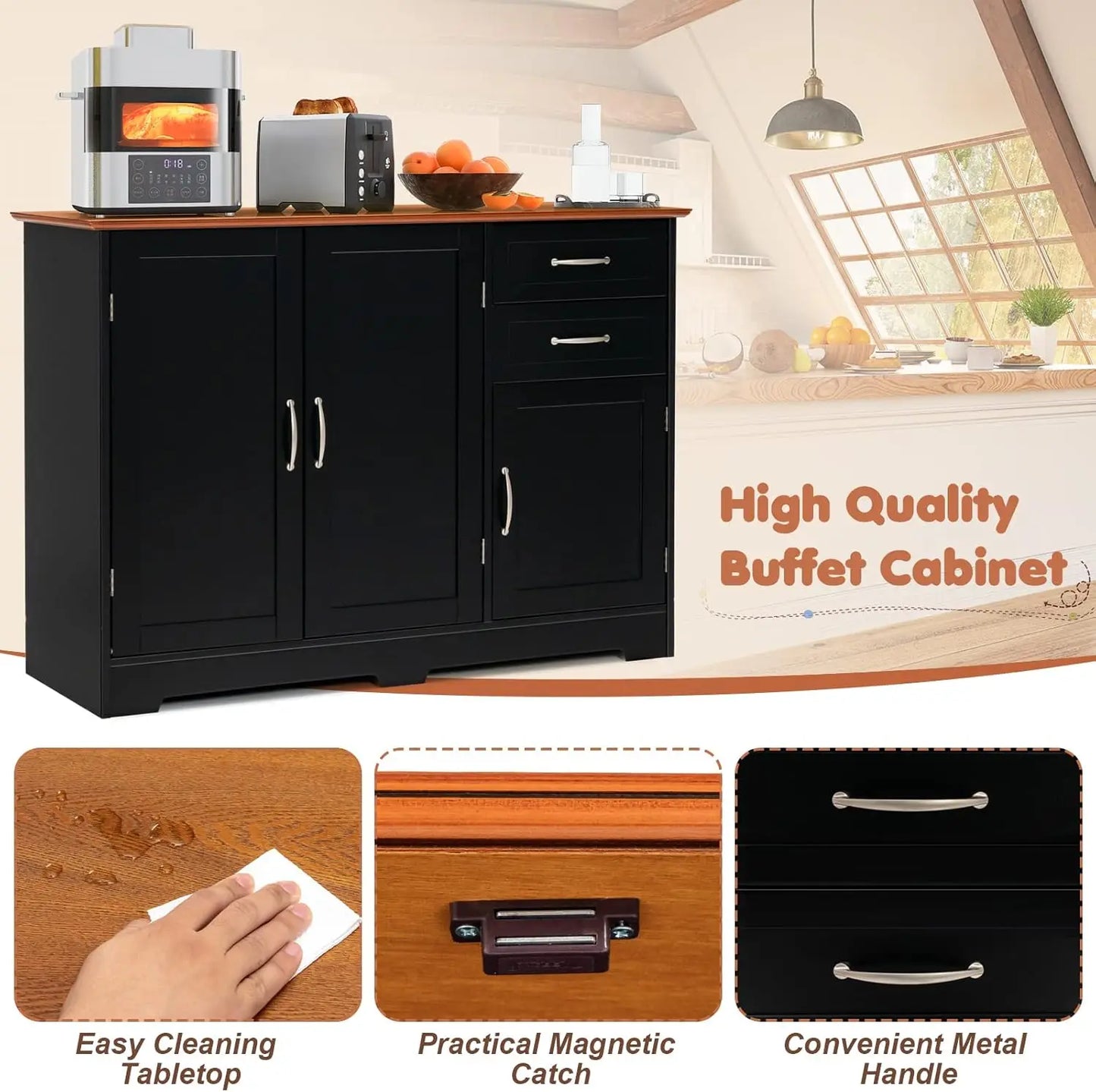 Buffet Cabinet With 3 Doors, 2 Drawers & Adjustable Shelf Console