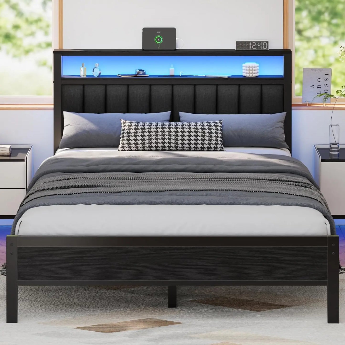 Queen Size Bed Frame with Charging Station with Metal Slats
