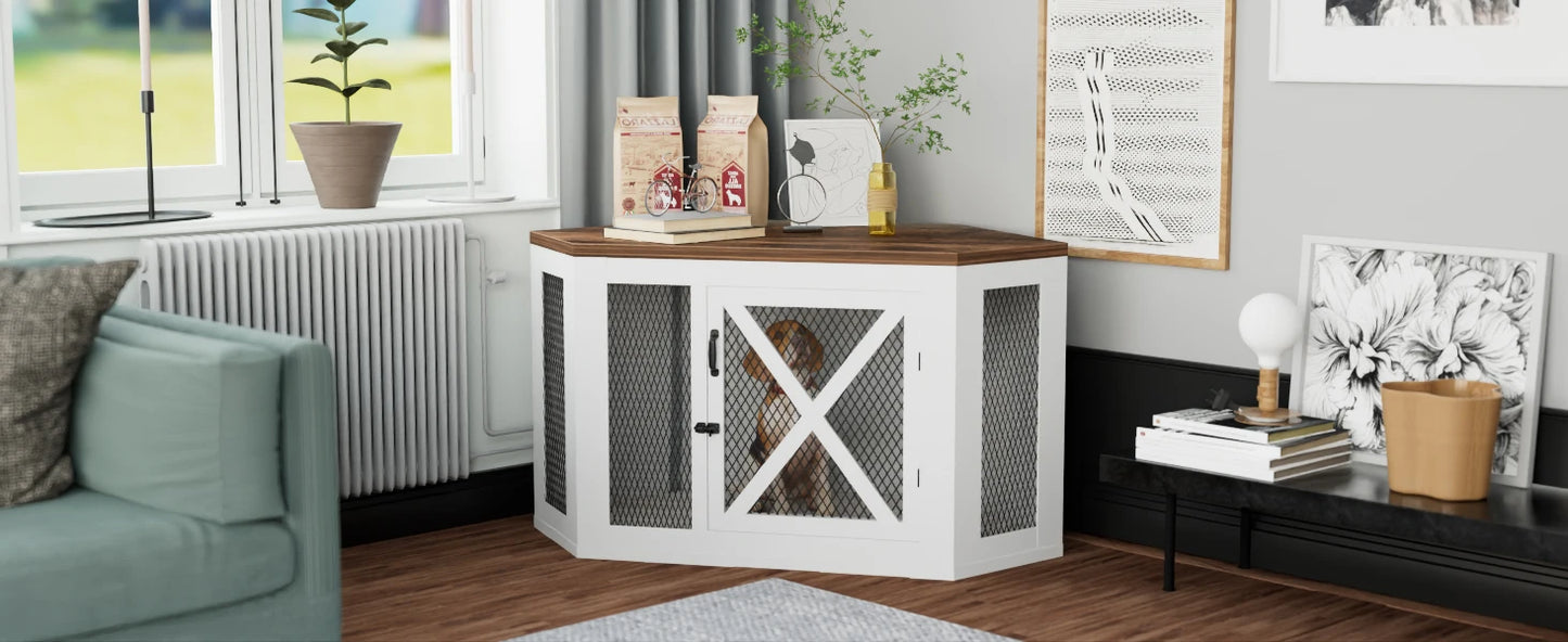 Corner Dog Crate Furniture,Wooden Dog Kennel End Table with Mesh,Cage for Small Medium Large Dog,Decorative Pet Crate Indoor Use