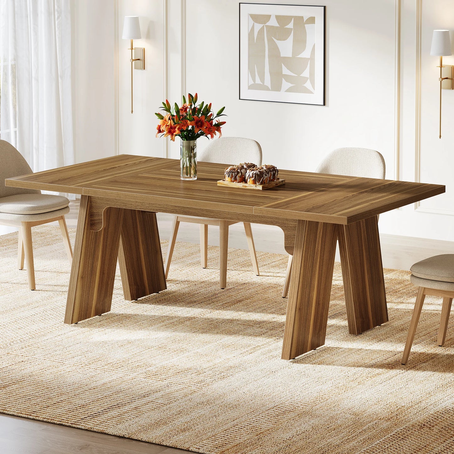 71" Large Dining Table Rectangular Dining Table with Solid Wood Legs