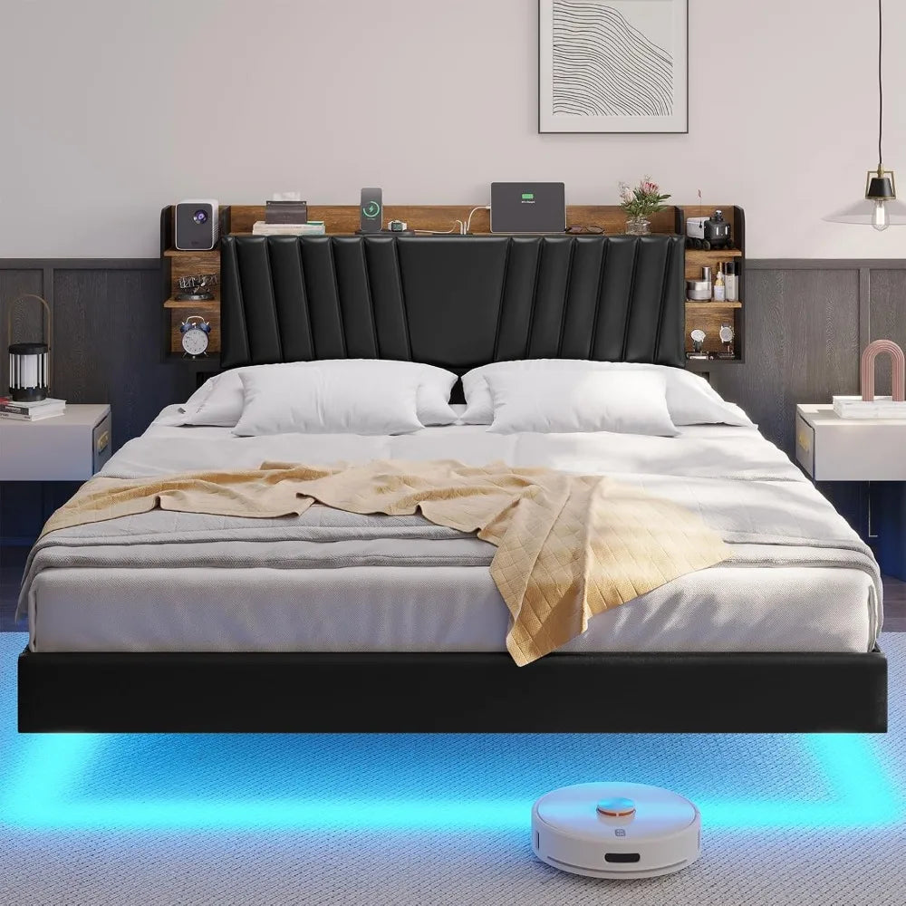 California King Floating Led Bed Frame with Hidden Storage