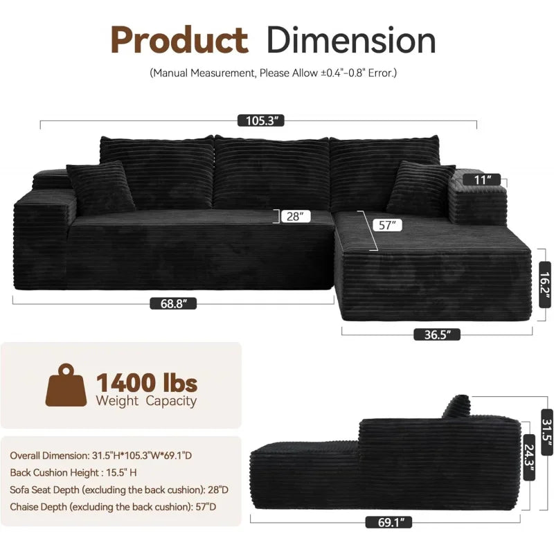 104" Cloud Sectional Boneless L Shape Sofa with Deep Seat