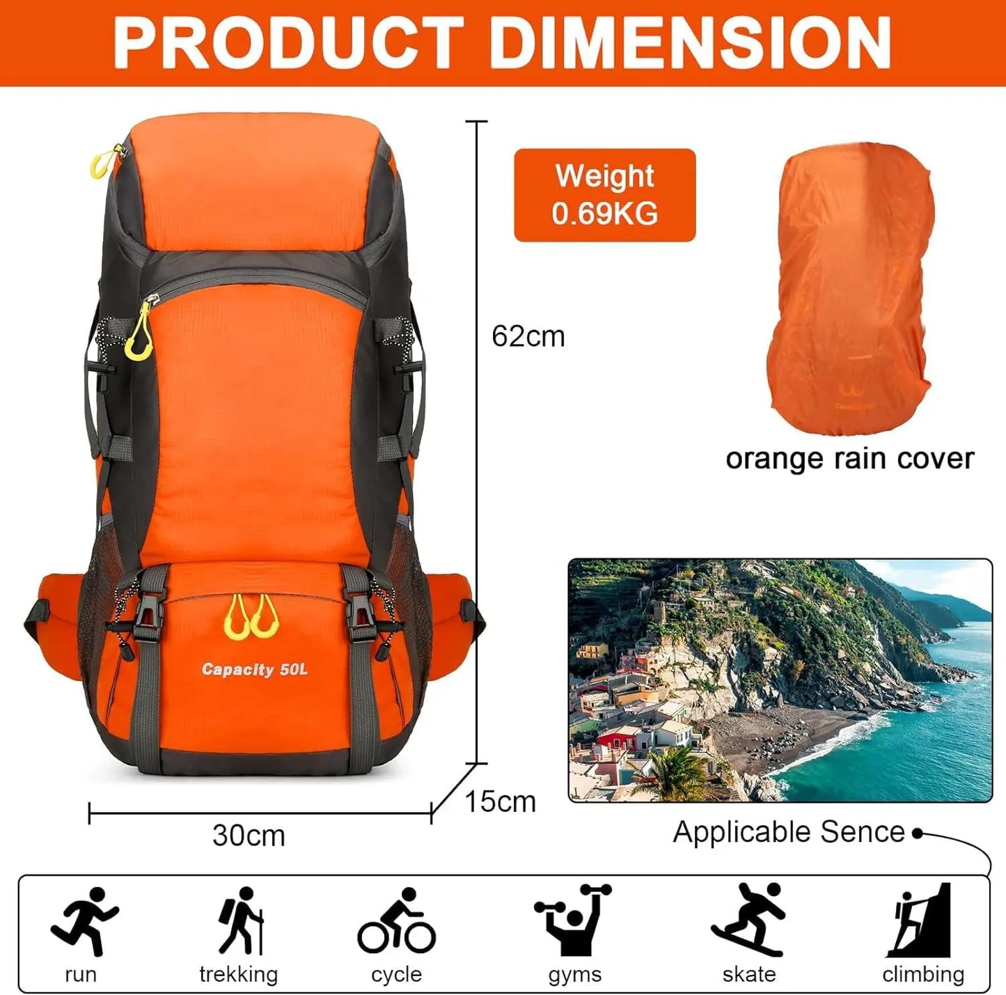 50L Lightweight Travel Backpack with Rain Cover for Hiking
