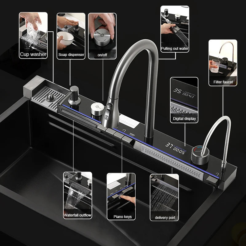 304 Stainless Steel Waterfall Kitchen Sink with Digital Display
