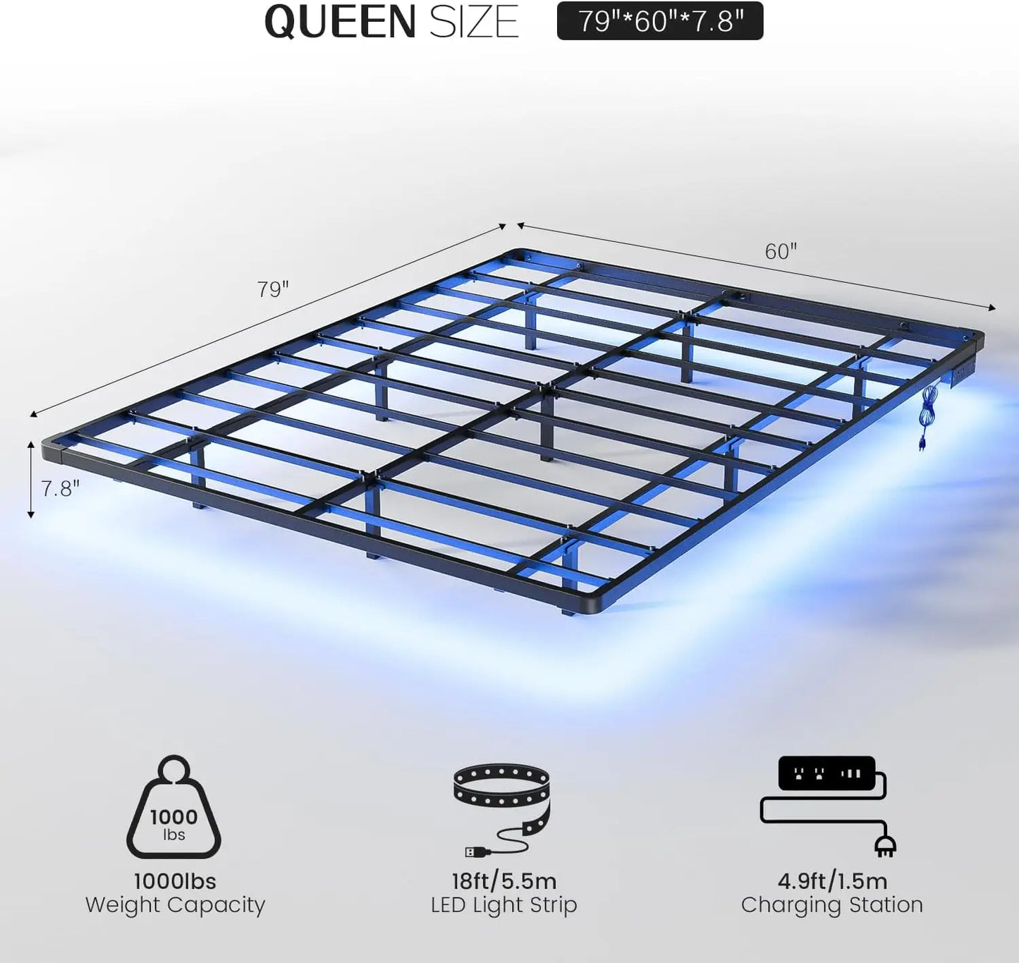 Queen Size Floating Bed Frame with Smart LED Lights