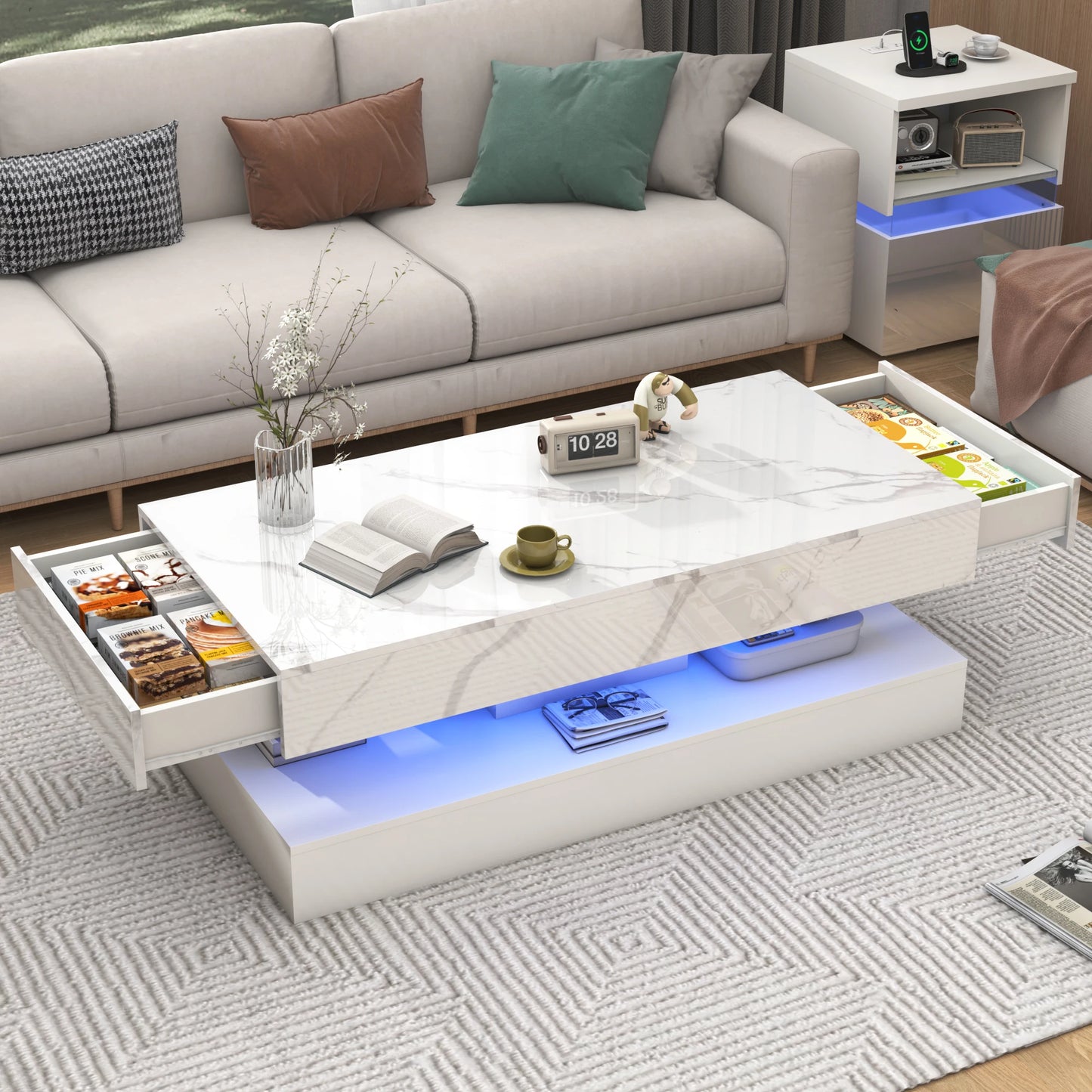 Double-Layer Design for Living Room Coffee Table with 2 Storage Drawers
