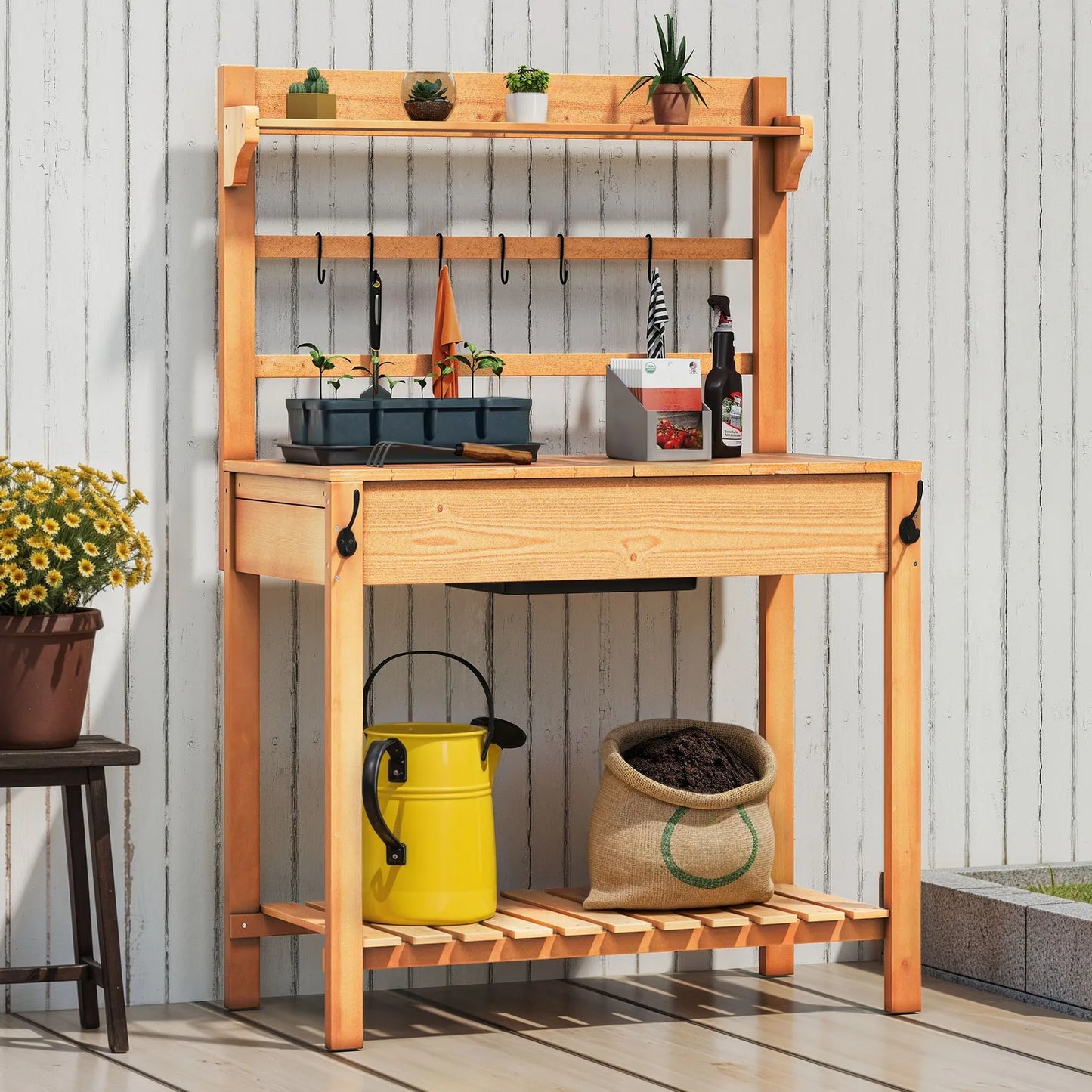 Solid Woodwork Potting Bench Outdoor Garden Workstation Table