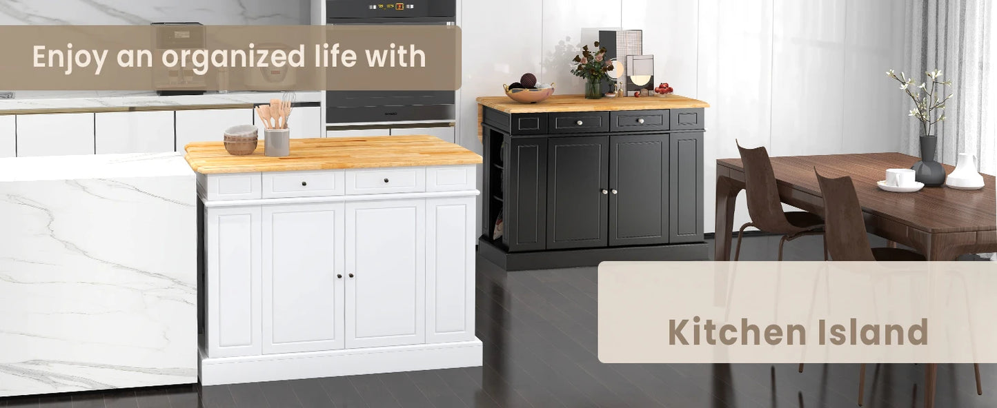Kitchen island with 2 drawers, 5 adjustable shelves and spice rack