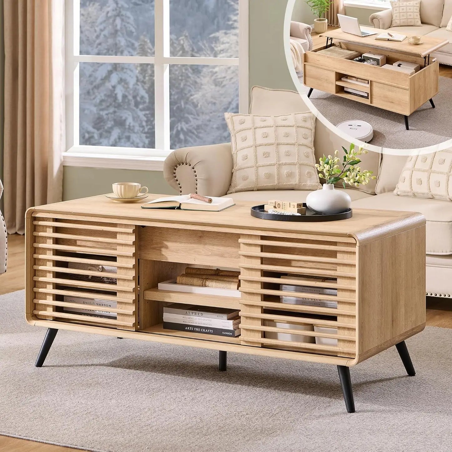 48" Lift Top Coffee Table with Slatted Sliding Door