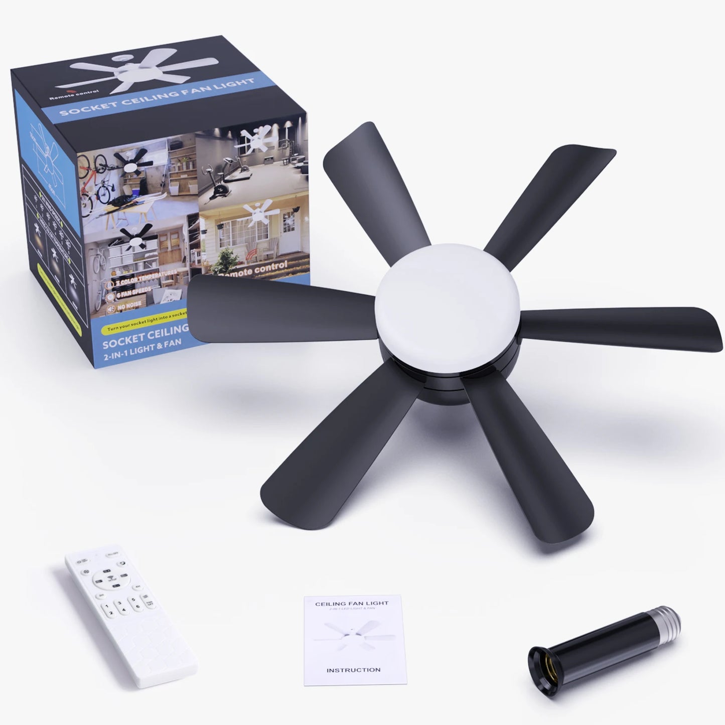 Socket Fan Light with Remote, 3 Colors 3000K-6500K Dimmable Socket Fan