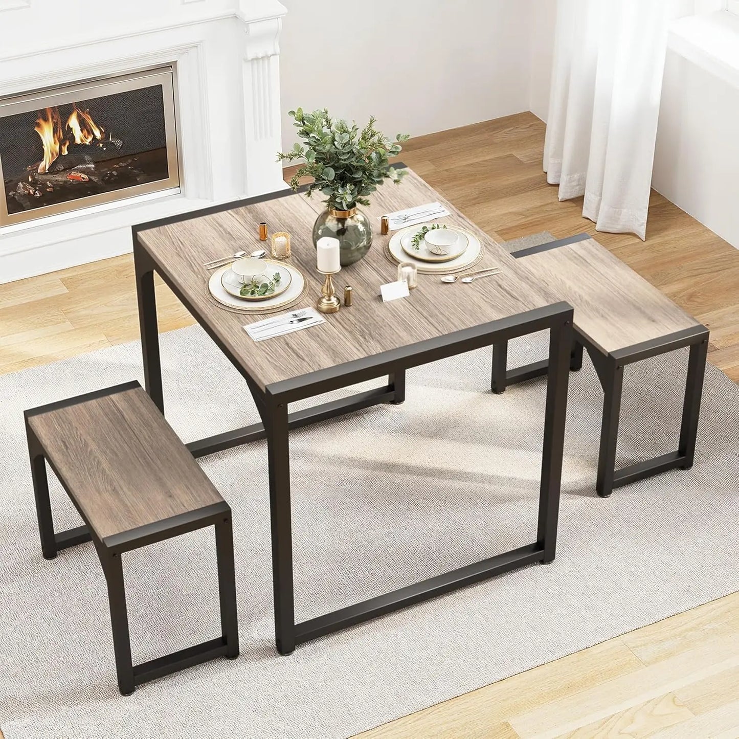 Dining Table Set for 4 with 2 Benches