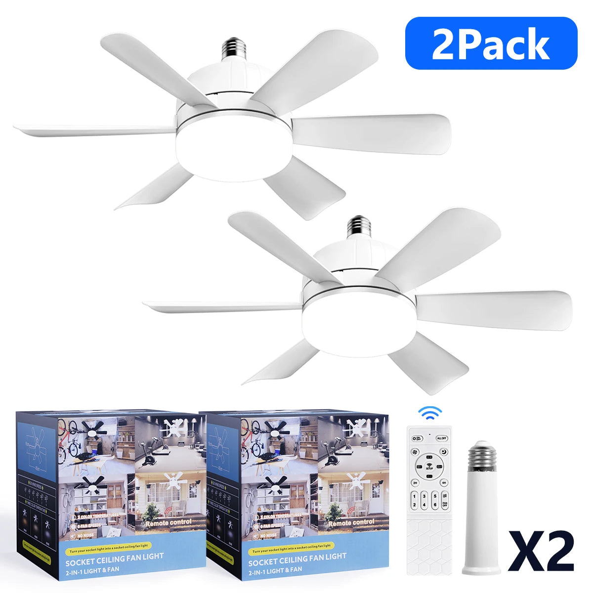 Socket Fan Light with Remote, 3 Colors 3000K-6500K Dimmable Socket Fan