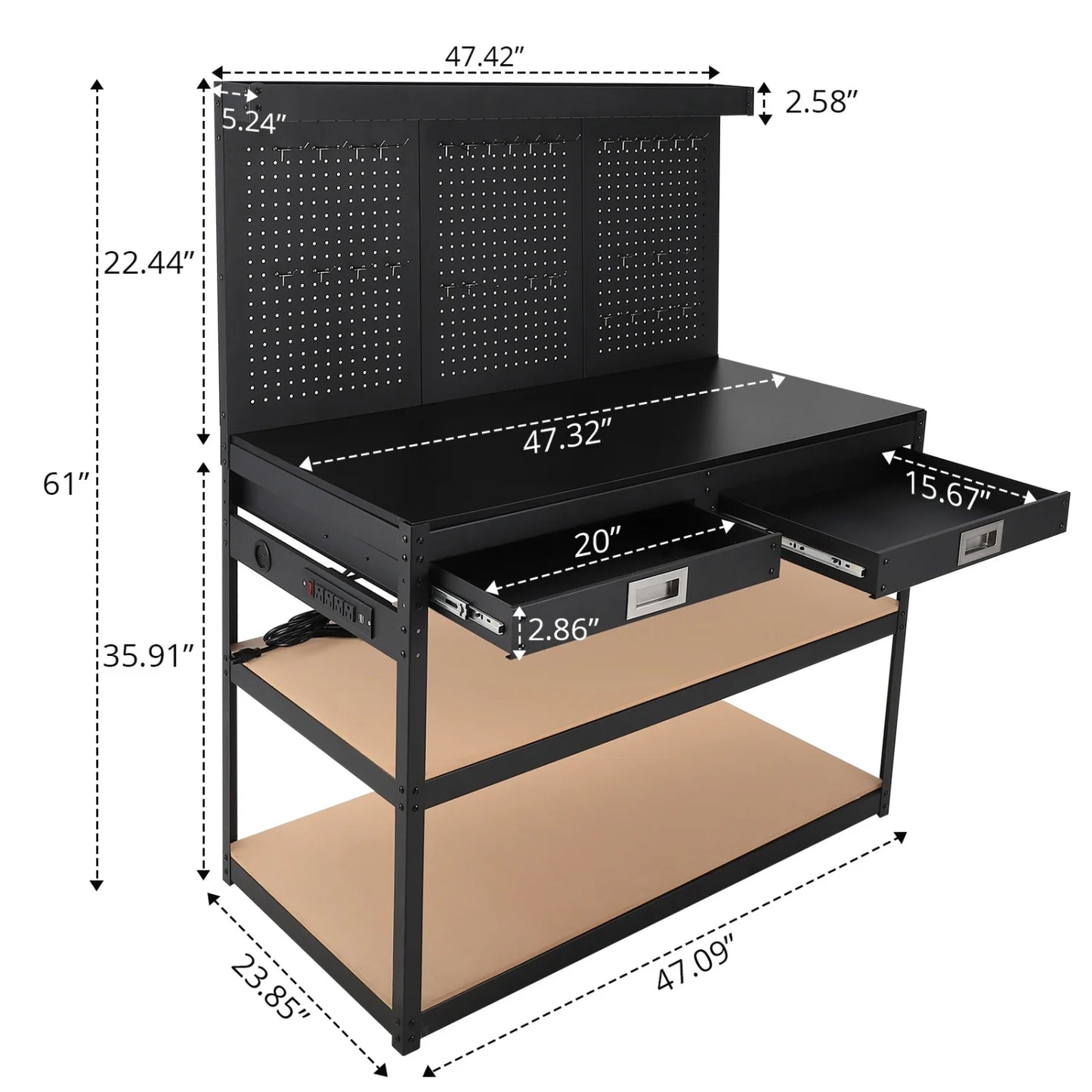 3-Tier Heavy Duty Worktable with 2 Drawers with Hanging Hooks