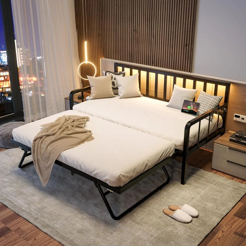 Twin Bed Frame with Charging Station and LED Lights
