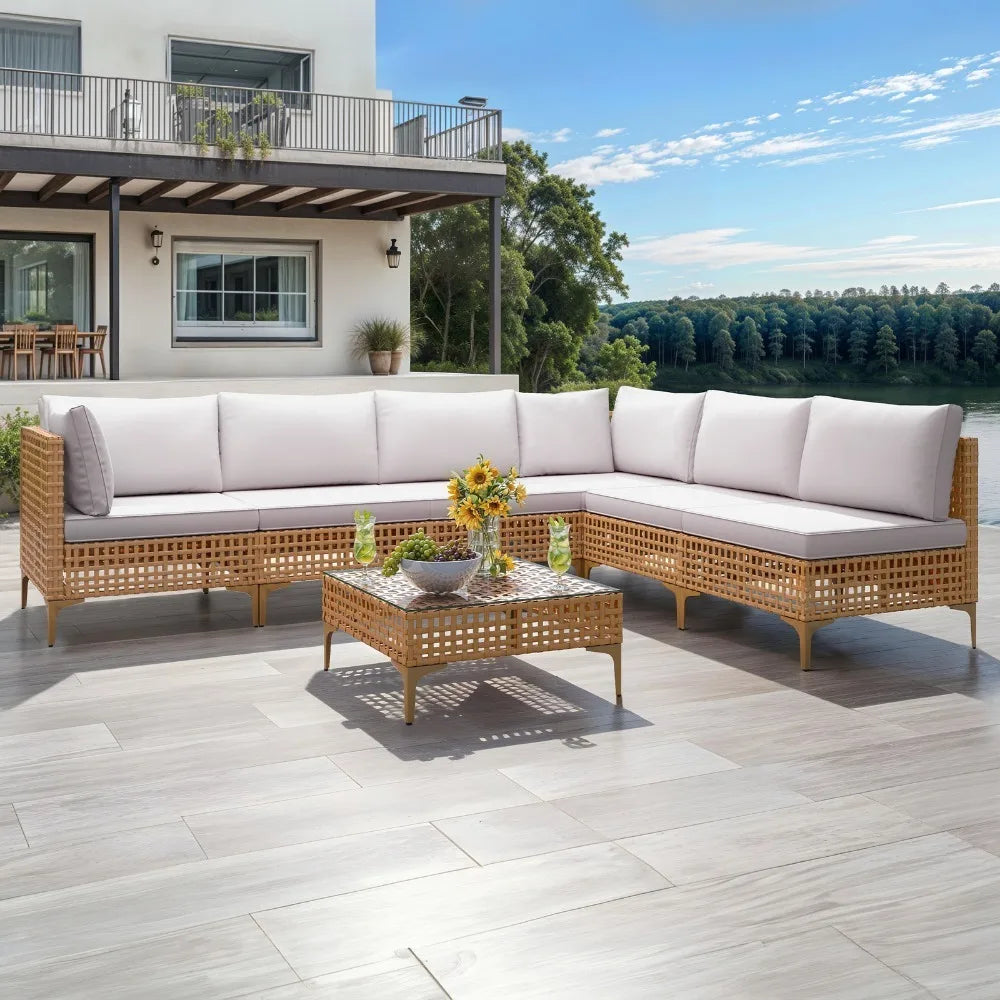 7 Pcs PE Wicker Patio Conversation Set for Backyard Deck Poolside Porch Outdoor