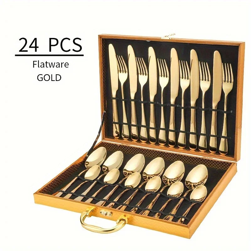 24pcs Elegant Stainless Steel Black Flatware Set.