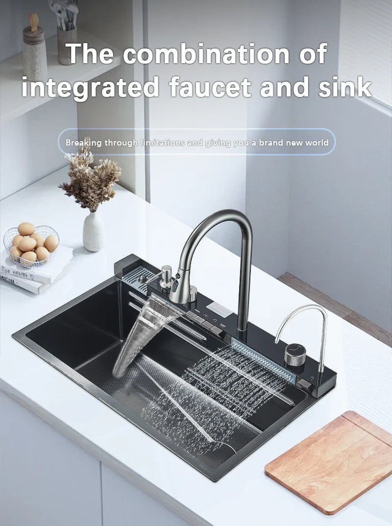304 Stainless Steel Waterfall Kitchen Sink with Digital Display