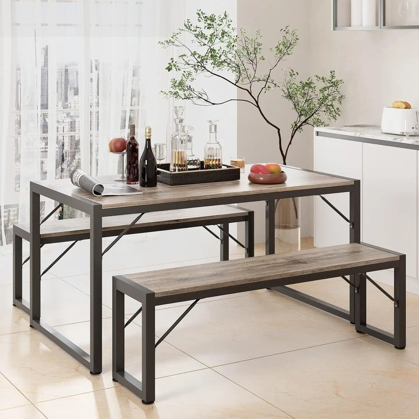 Dining Table Set for 4 with 2 Benches