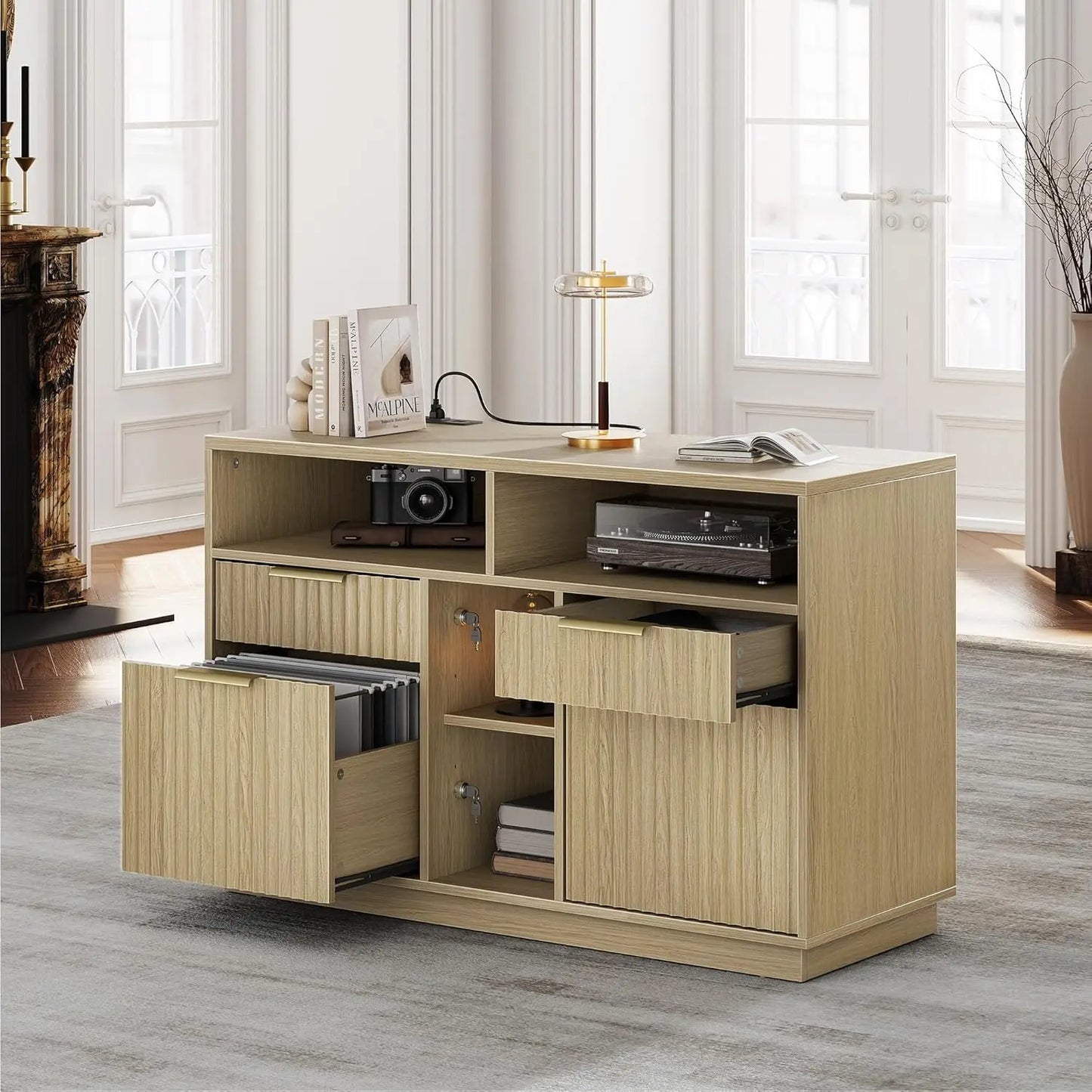 4 Drawer File Cabinet with Lock and Charging Station for Home Office