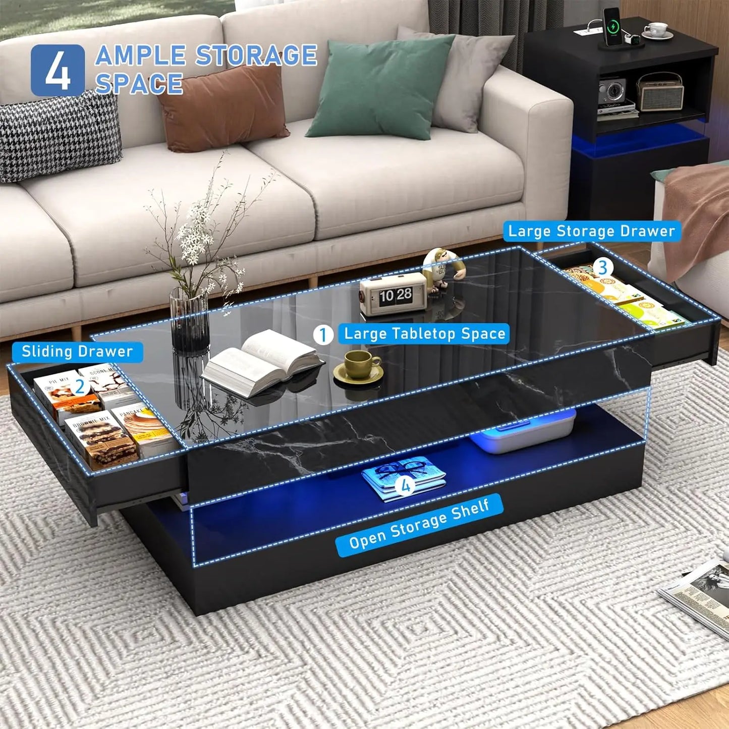 Double-Layer Design for Living Room Coffee Table with 2 Storage Drawers