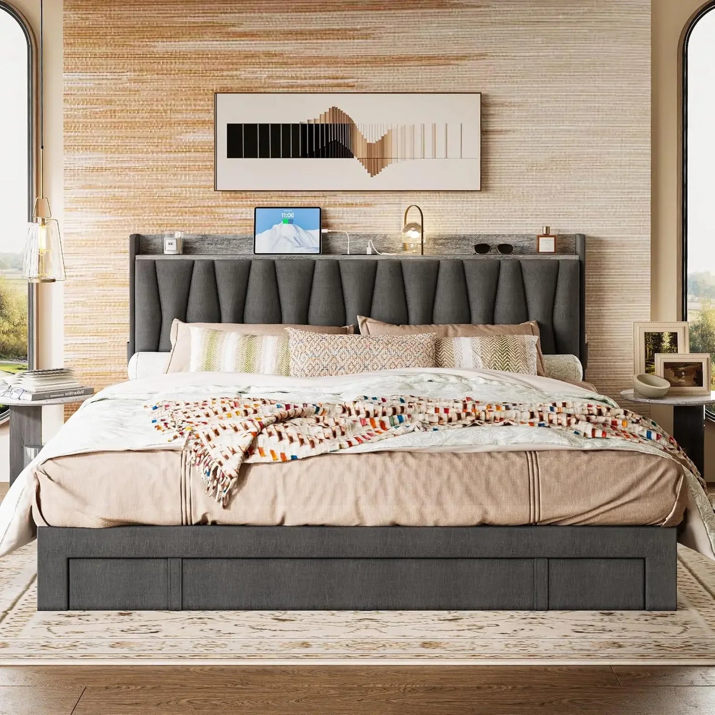 King Size Bed Frame with Storage Headboard and Charging Station