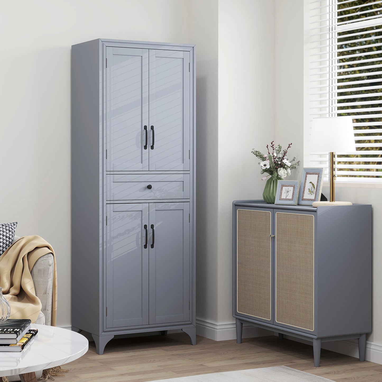 67" 4-Door Kitchen Pantry with Drawer and Adjustable Shelves Gray