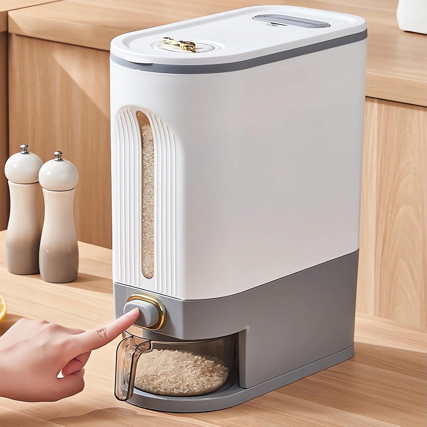 Gray L 10L Rice Dispenser & Grain Container with Lid - Household Cereal Bucket for Kitchen Organization, Ideal for Rice, Beans,