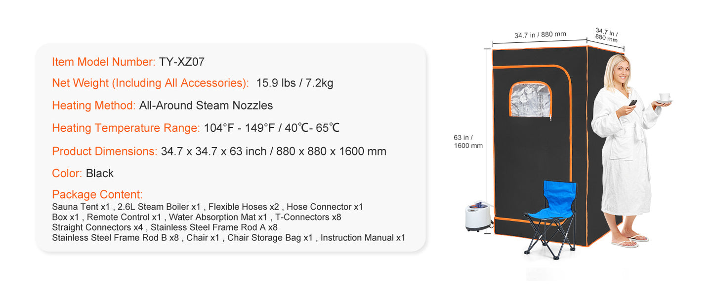 1200-Watt Compact Portable Steam Sauna Tent with Remote Control
