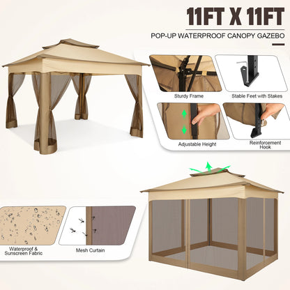 11x11ft Pop Up Gazebo Pavilion with Mosquito Netting