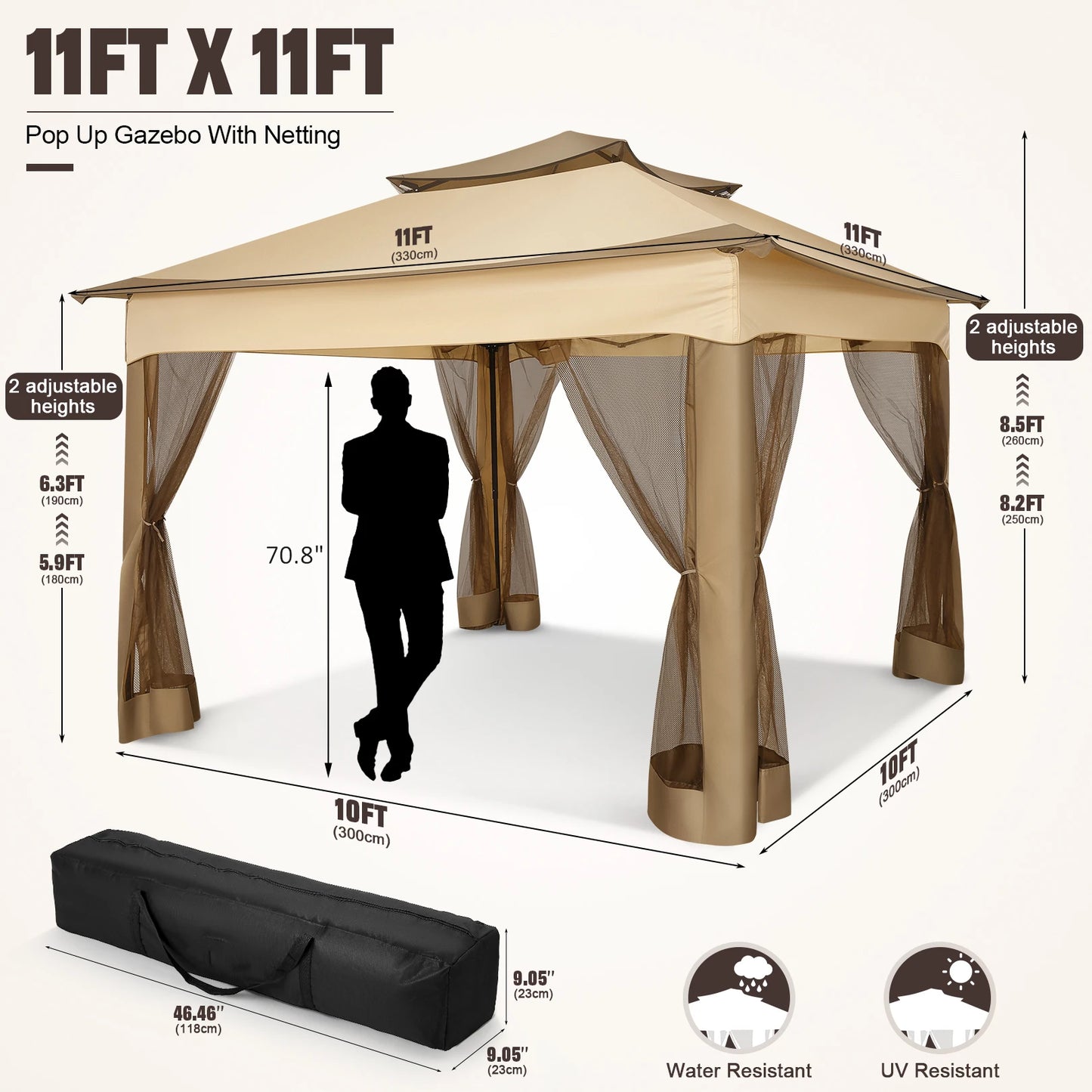11x11ft Pop Up Gazebo Pavilion with Mosquito Netting