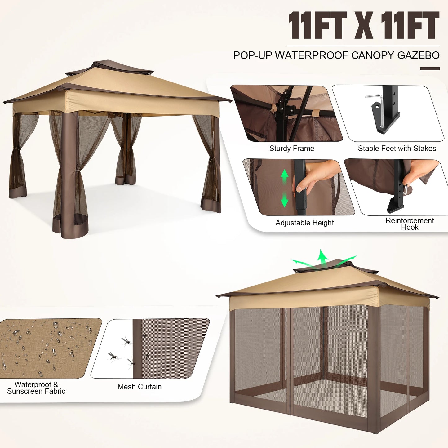 11x11ft Pop Up Gazebo Pavilion with Mosquito Netting