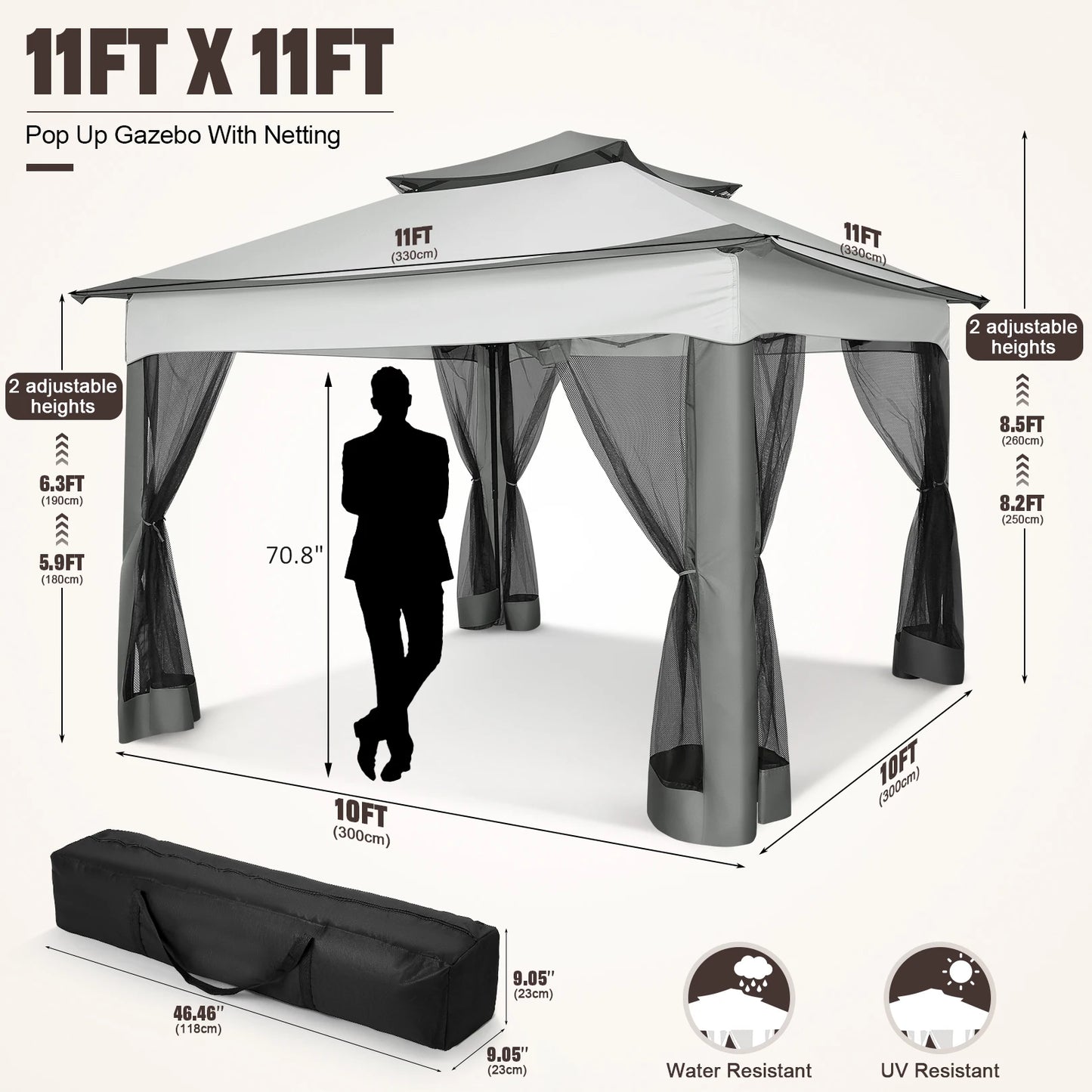 11x11ft Pop Up Gazebo Pavilion with Mosquito Netting