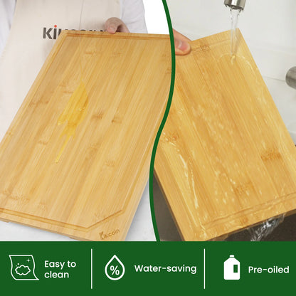 Heavy duty cutting board with juice groove, inner handle design.