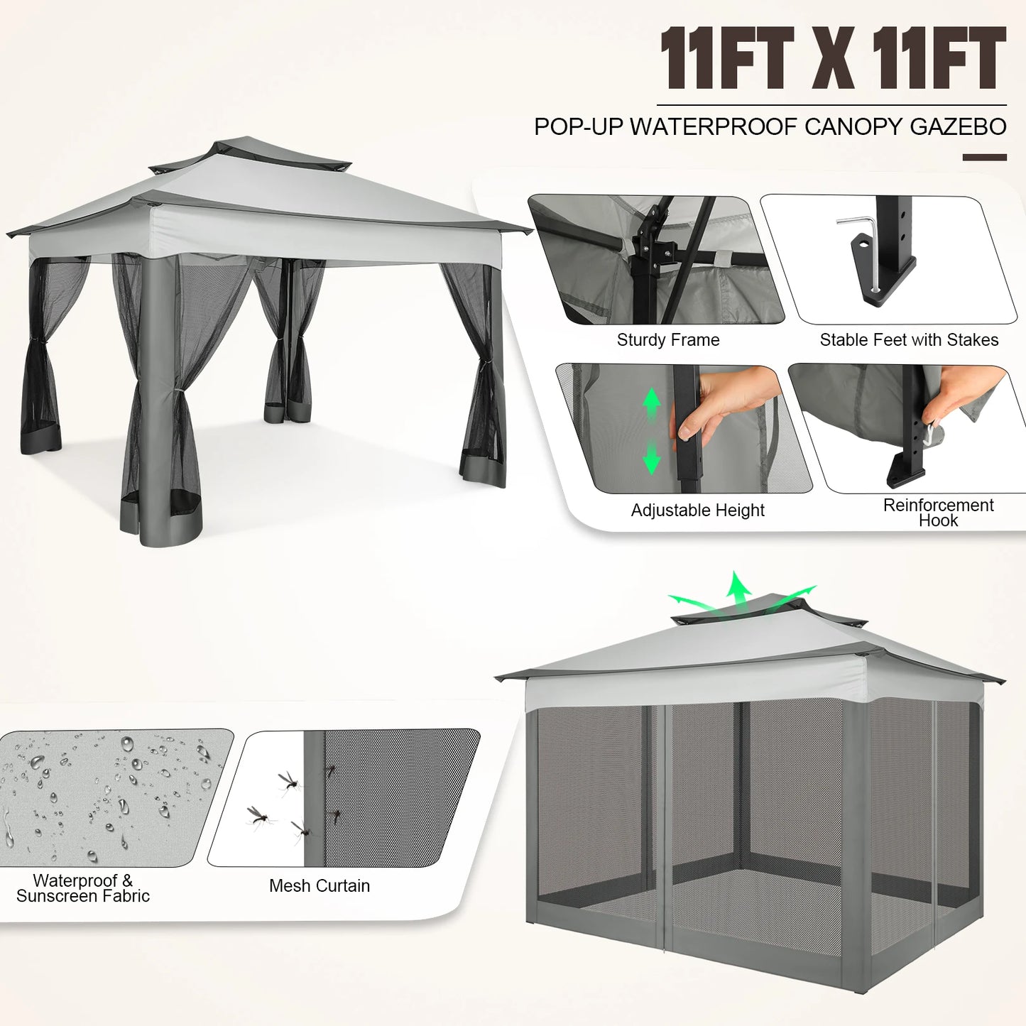 11x11ft Pop Up Gazebo Pavilion with Mosquito Netting