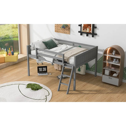 Full-Size Wooden Low Loft Bed with Ladder