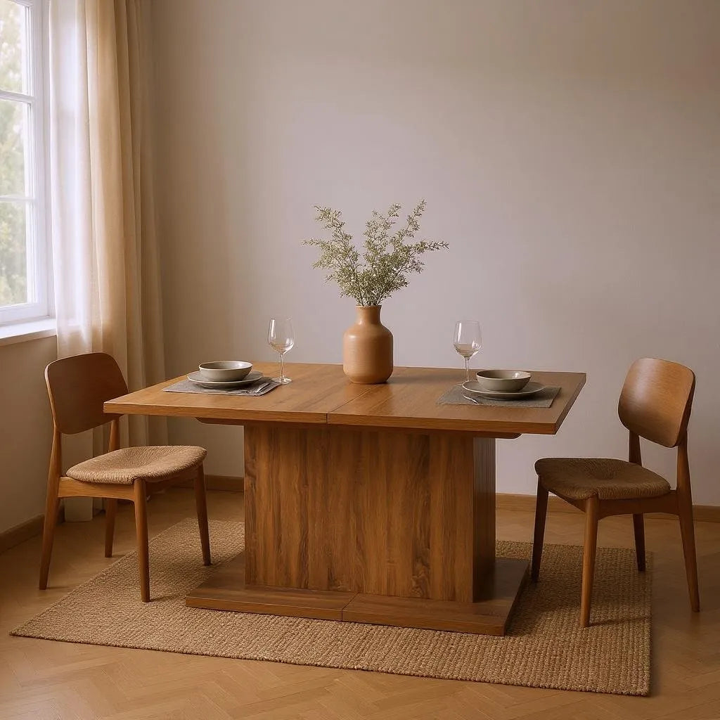 Self-Storing Leaf Pedestal Base, Extendable Dining Table