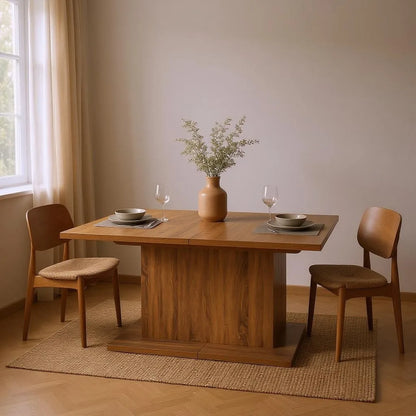 Self-Storing Leaf Pedestal Base, Extendable Dining Table