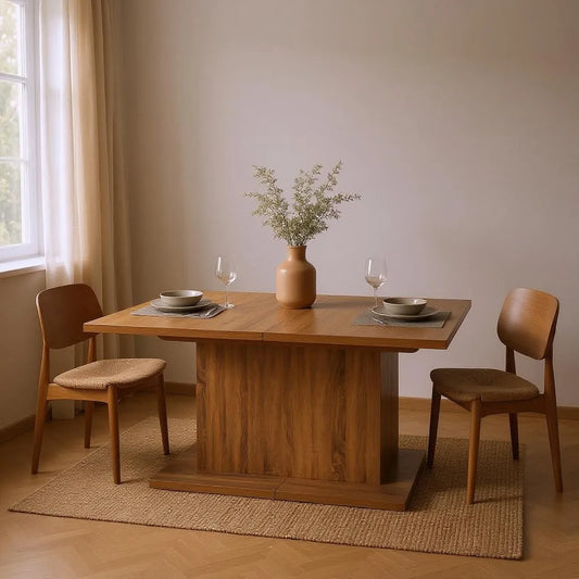 Self-Storing Leaf Pedestal Base, Extendable Dining Table