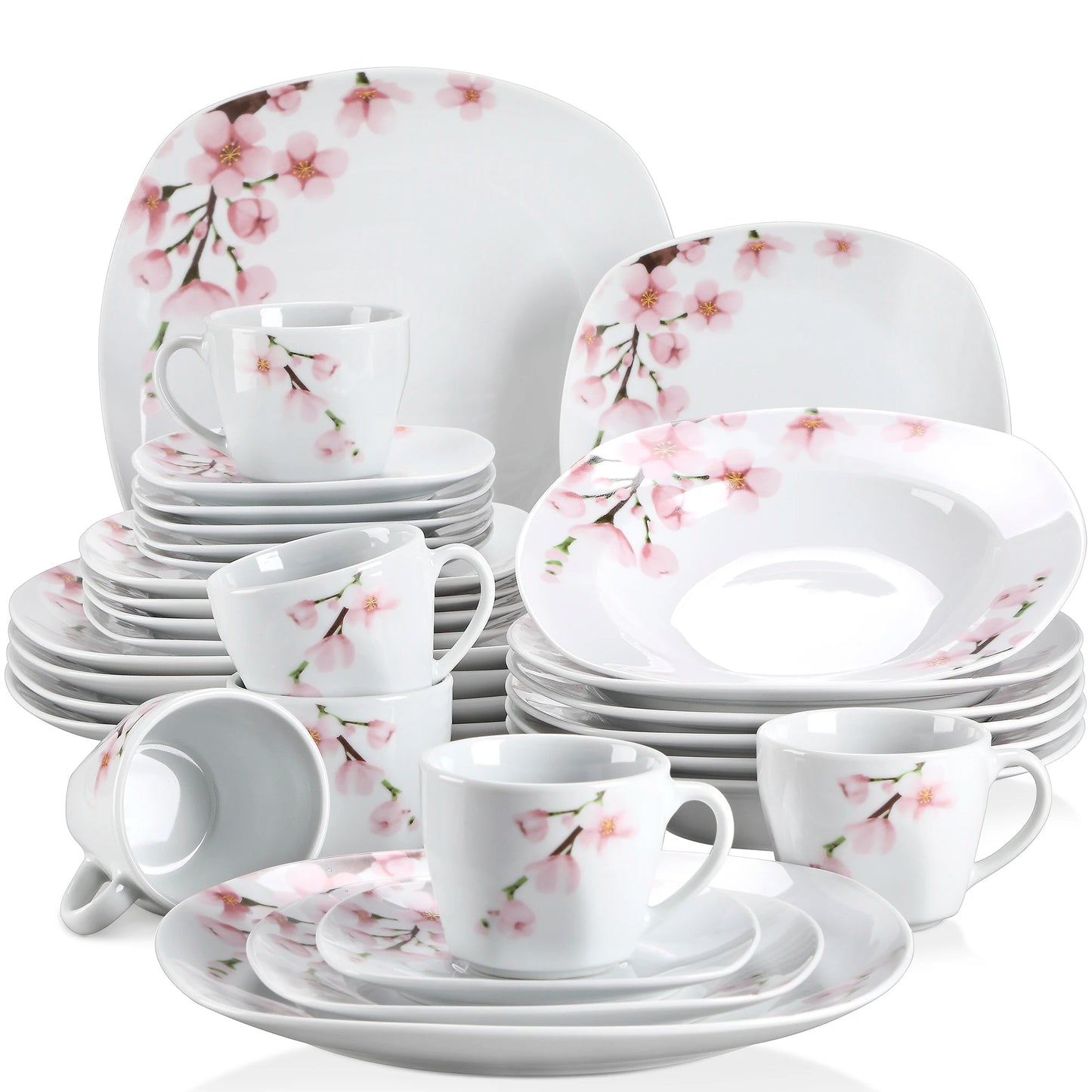 60-Piece White Ceramic Floral Porcelain Plate Set