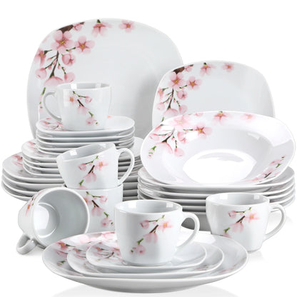 60-Piece White Ceramic Floral Porcelain Plate Set