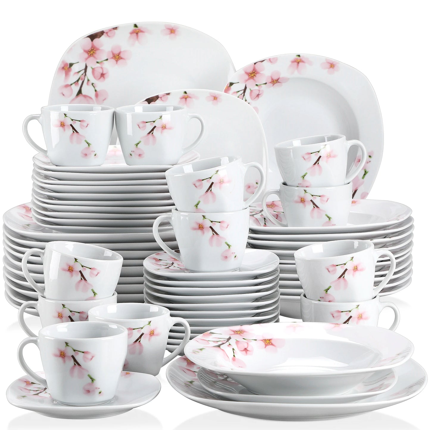 60-Piece White Ceramic Floral Porcelain Plate Set