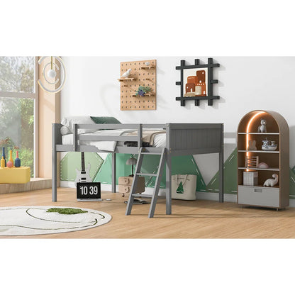 Full-Size Wooden Low Loft Bed with Ladder